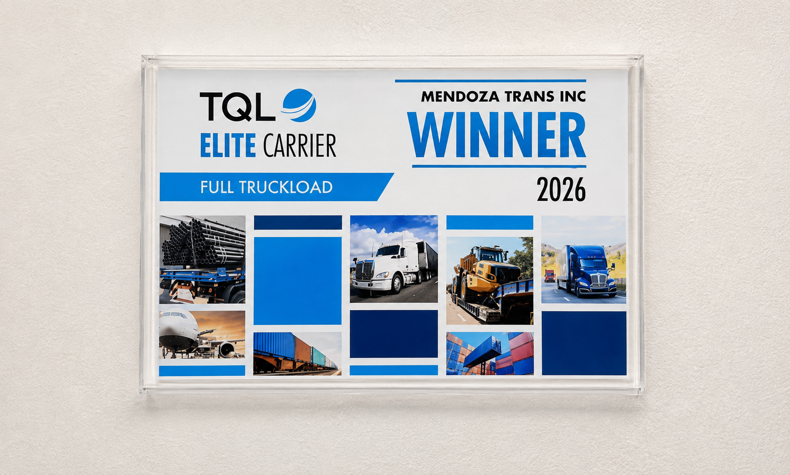 TQL Elite Carrier Full Truckload winner plaque presented to Mendoza Trans Inc. for 2026